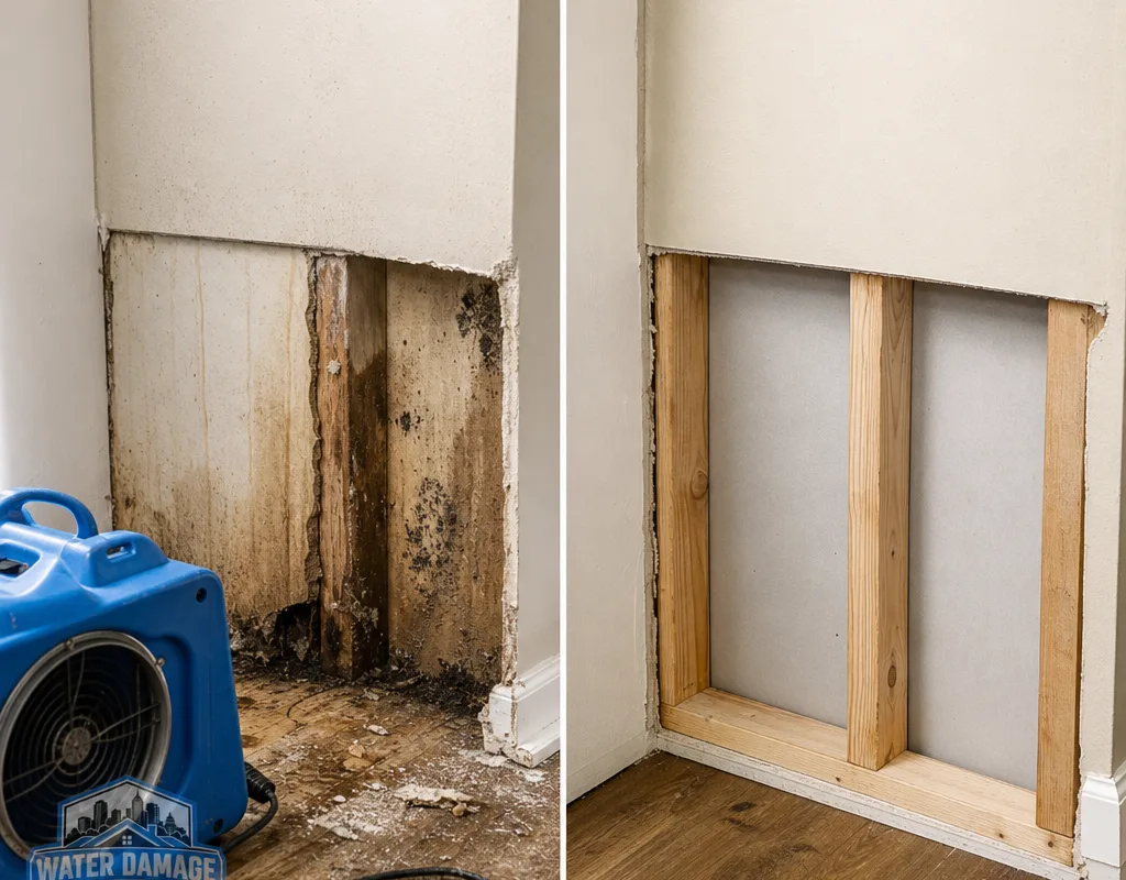 Before-and-after view of a water-stained wall cavity cleaned, dried, and prepared for repair