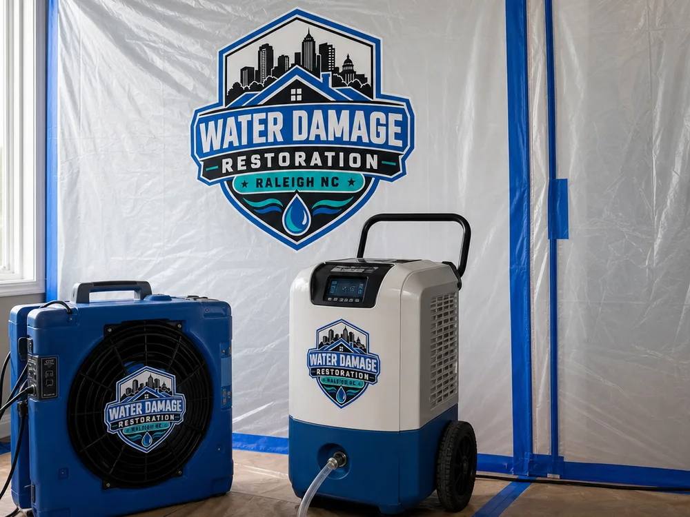 Contained mold work area with taped plastic sheeting, HEPA air scrubber, and dehumidifier