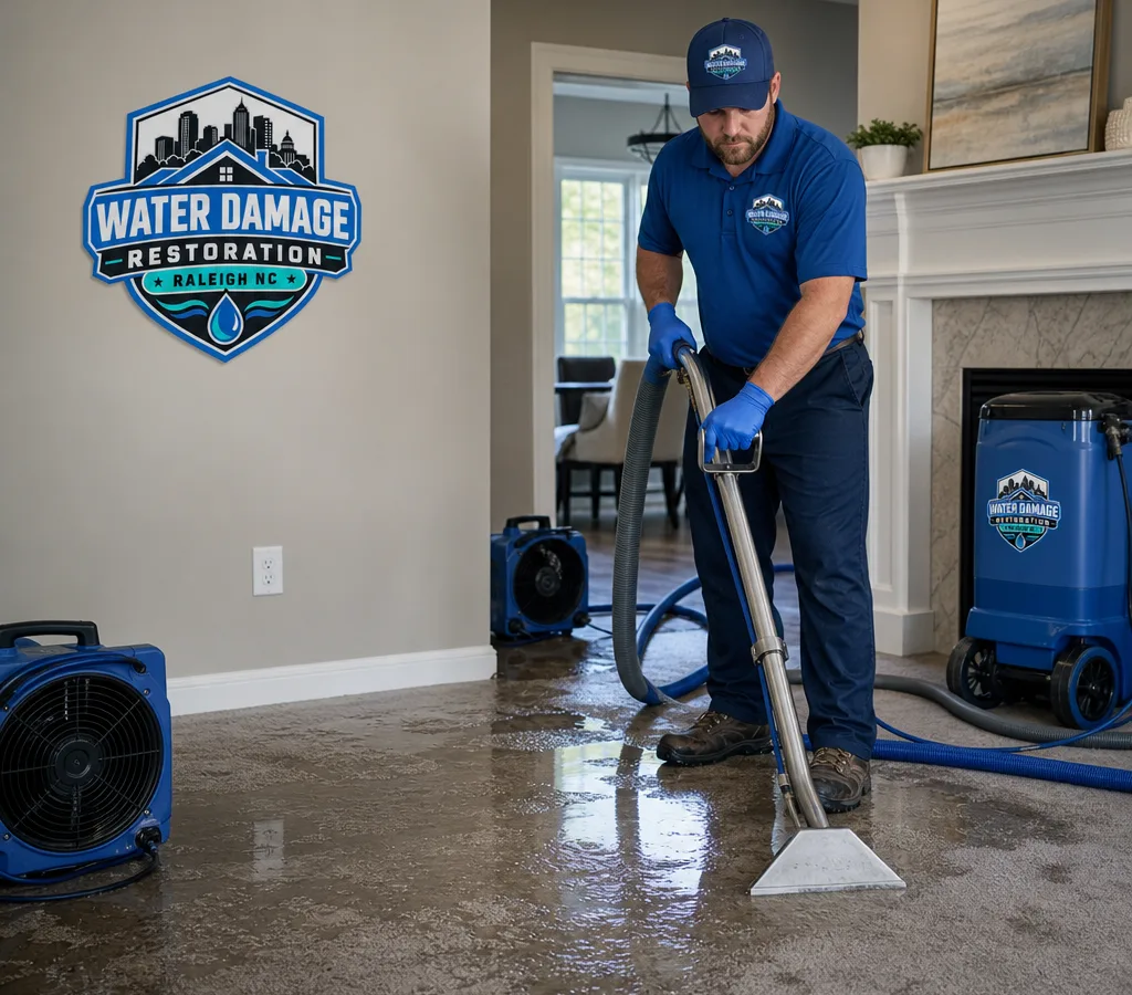 Restoration technician using a commercial water extractor in a saturated Raleigh home with air movers nearby