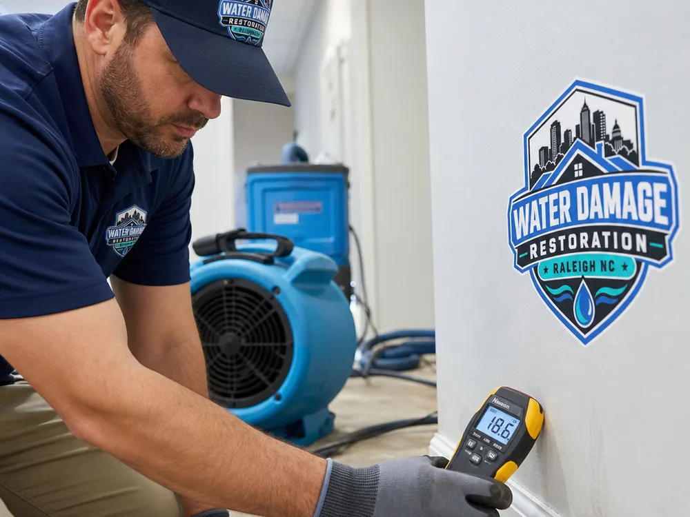 Moisture meter reading on drywall after a water loss with drying equipment in the background