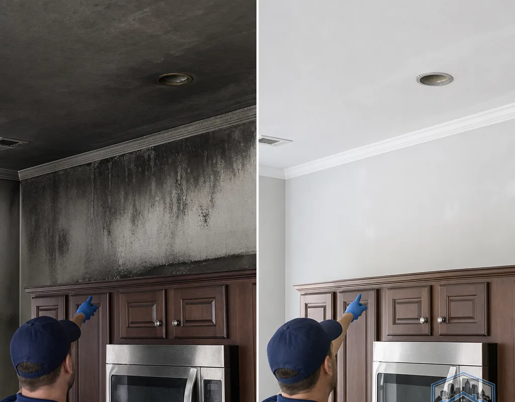 Before-and-after view of a smoke-stained Raleigh kitchen wall and ceiling cleaned and ready for primer and paint
