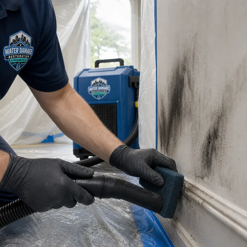Technician using a HEPA vacuum and dry cleaning sponge on soot-stained drywall inside containment