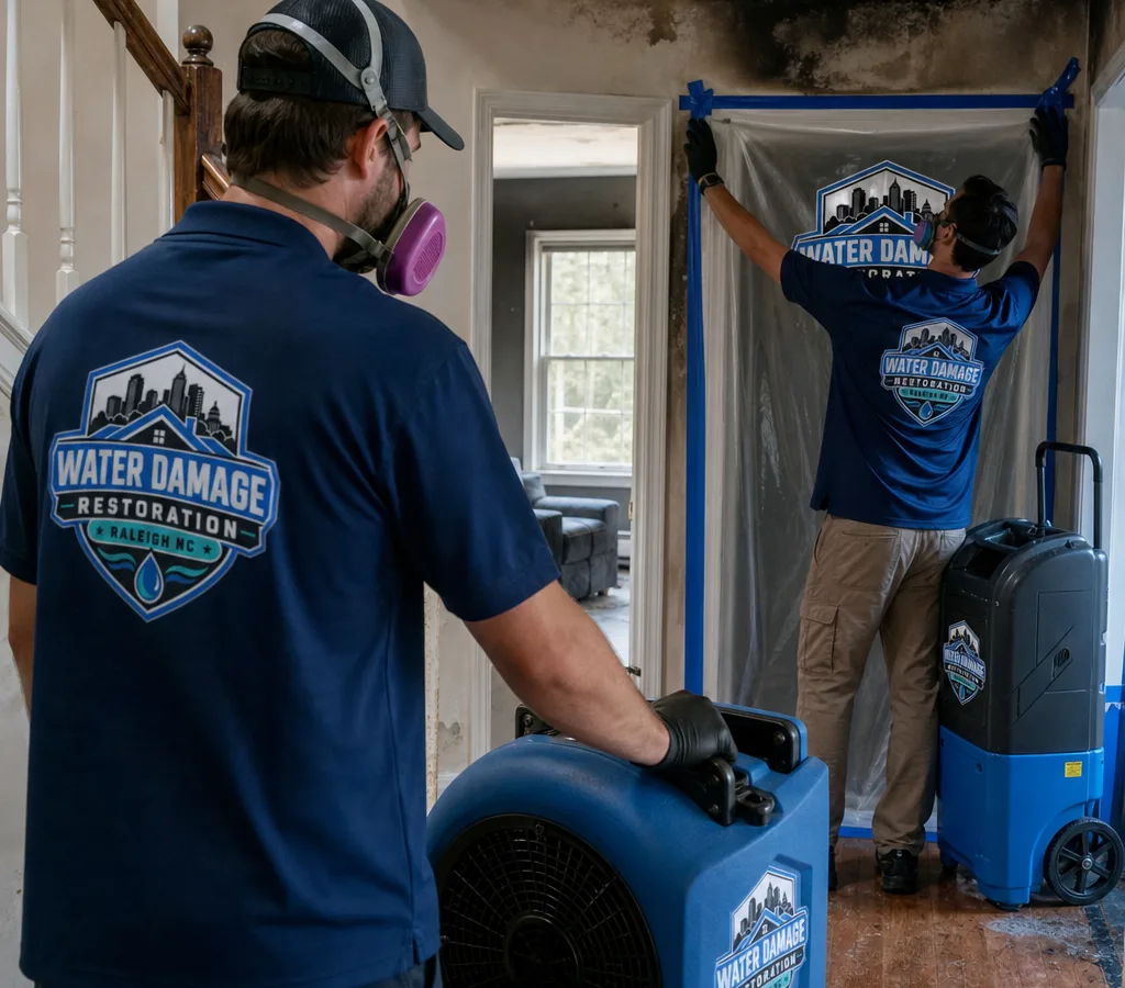 Restoration technicians in PPE setting up containment and air filtration at a smoke-damaged Raleigh home