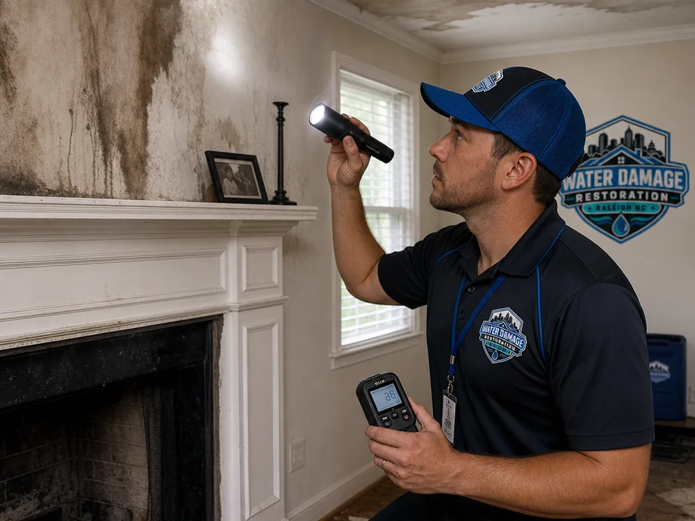 Technician inspecting smoke travel and moisture intrusion near a fire-damaged Raleigh living room