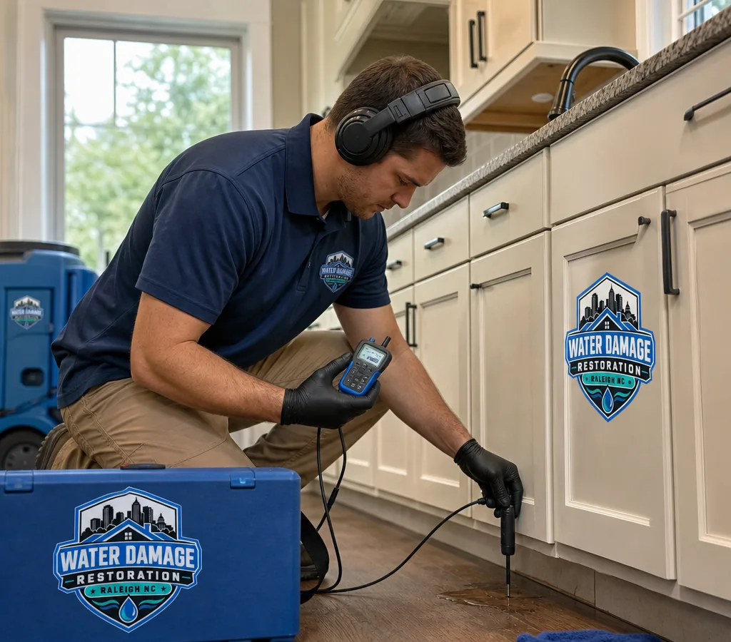 Technician using an acoustic listening device and moisture meter near a kitchen base cabinet in a Raleigh home