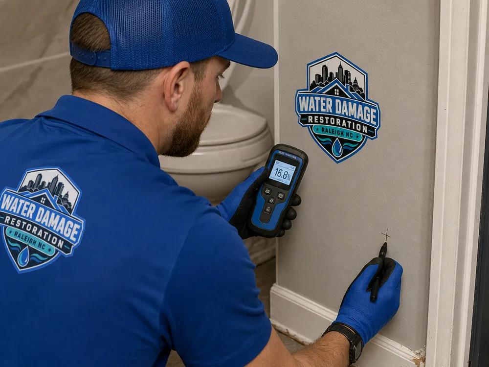 Technician checking drywall and a bathroom baseboard with a moisture meter and marking a targeted access point