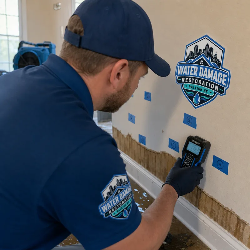 Technician mapping hidden moisture along baseboards and drywall in a flooded Raleigh room