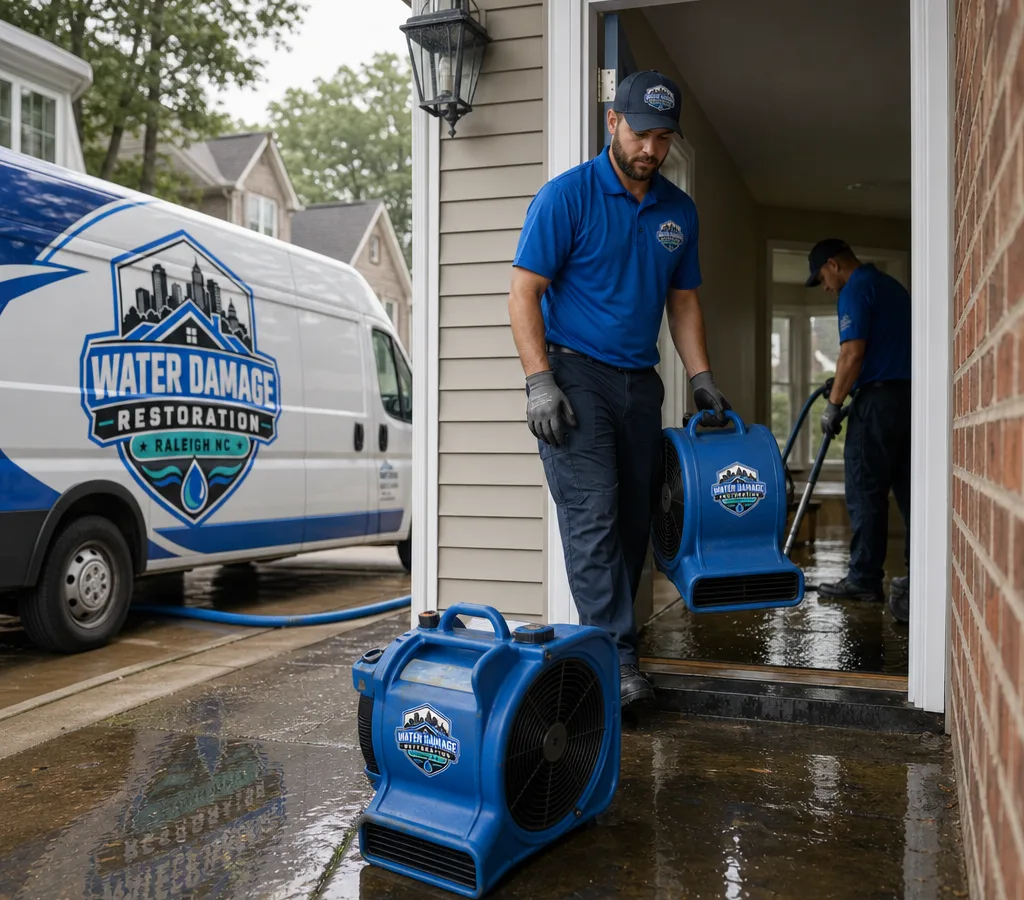 Technicians extracting standing water from a flooded Raleigh home and setting air movers near wet flooring