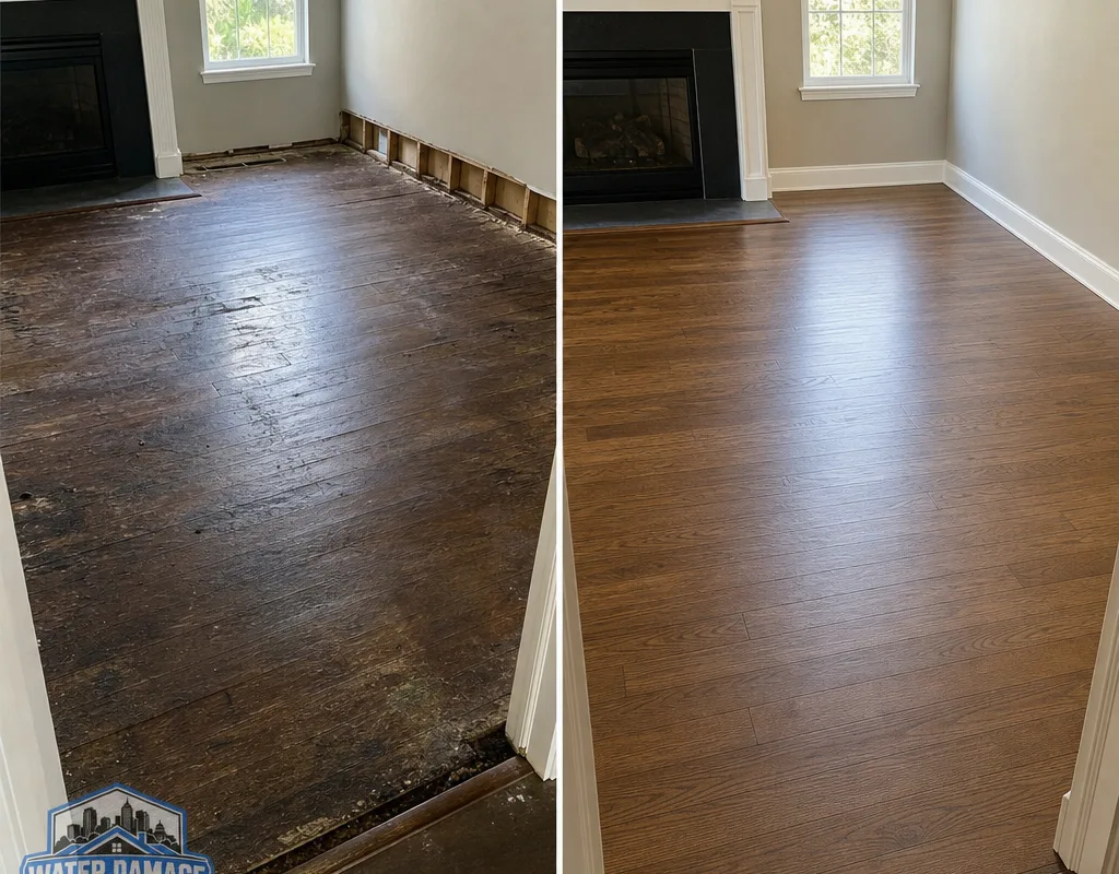 Before-and-after living room with cupped hardwood and removed baseboards, then restored trim and a clean flooring transition