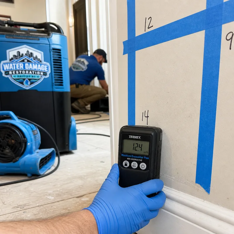 Moisture meter reading on wet drywall and baseboard beside a marked moisture map and drying equipment