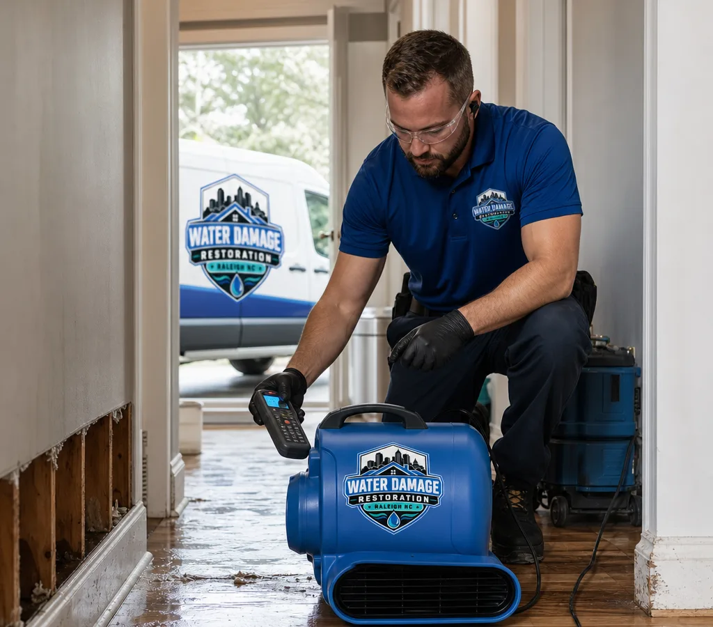 Technician using a moisture meter and setting an air mover in a Raleigh home's water-damaged hallway