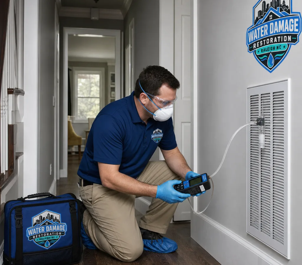 Inspector in protective equipment taking an air sample near an HVAC return in a Raleigh home