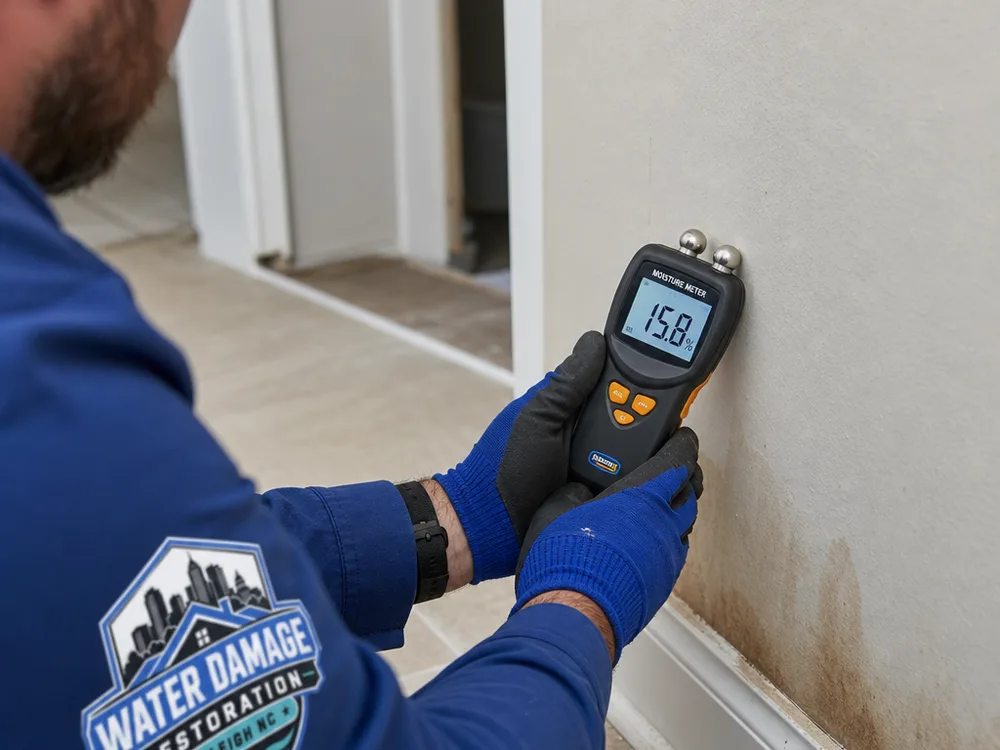 Inspector using a moisture meter on drywall beside a stained baseboard